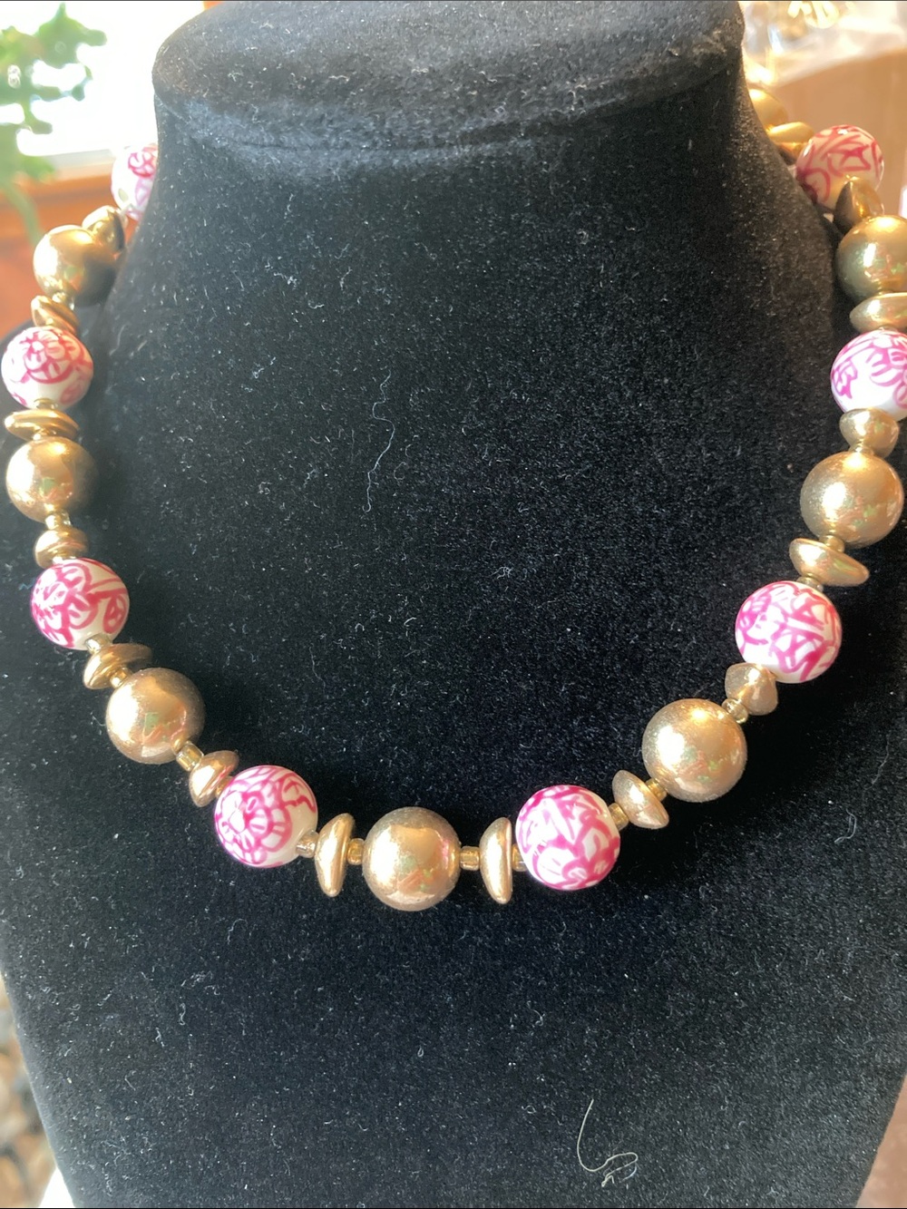 Handcrafted Pink & Golden Beaded Necklace